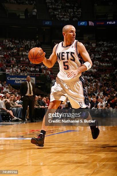 Jason Kidd of the New Jersey Nets dribbles down the court against the Cleveland Cavaliers in Game Six of the Eastern Conference Semifinals during the...