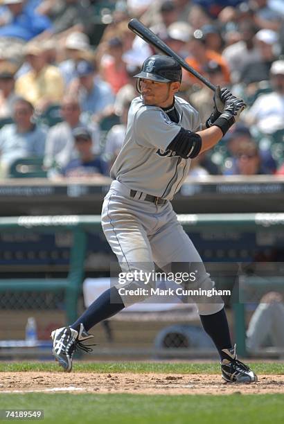 Ichiro Suzuki of the Seattle Mariners bats against the Detroit Tigers at Comerica Park in Detroit, Michigan on May 10, 2007. The Tigers defeated the...