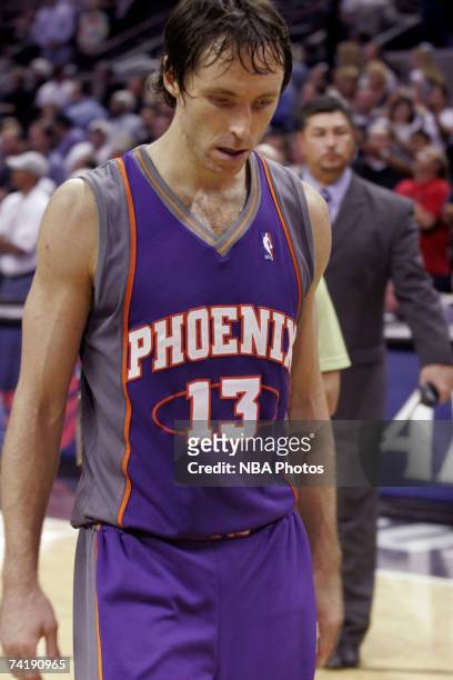 Steve Nash of the Phoenix Suns walks off the court after loosing a season ending Game Six of the Western Conference Semifinals against the Spurs at...
