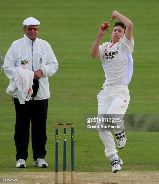 Glamorgan bowler James Harris bowls during the Liverpool and Victoria County Championship Division Two Game between Gloucestershire and Glamorgan at...