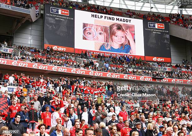 An appeal is displayed on the scoreboard relating to the search for Madeleine McCann prior the FA Cup Final match sponsored by E.ON between...