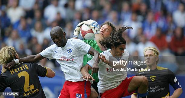 Marcus Hesse goalkeeper of Aachen saves the ball during the Bundesliga match between Hamburger SV and Alemania Aachen at the AOL Arena on May 19,...