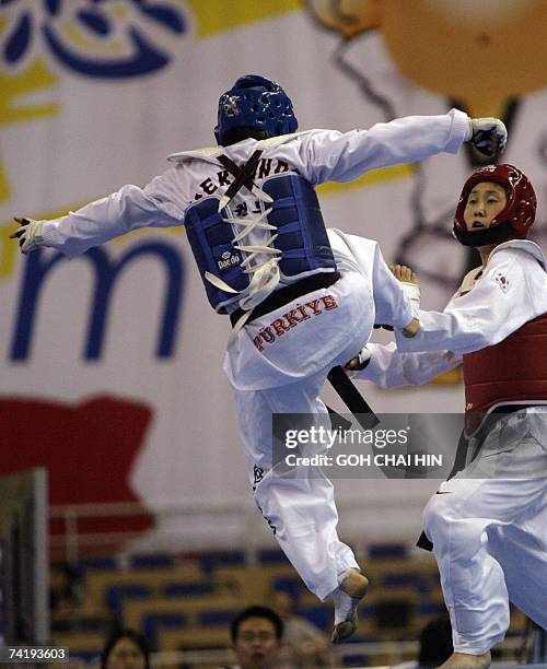 South Korea's Lee Sung-hye blocks a kick from Turkey's Hamide Bikcin in the women's under 59kg final of the World Taekwondo Championship in Beijing...