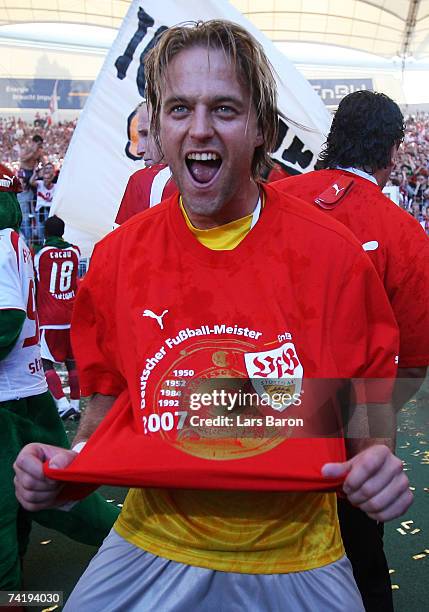 Goalkeeper Timo Hildebrand of Stuttgart celebrates after winning the championship during the Bundesliga match between VFB Stuttgart and Energie...