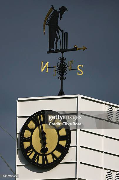 The Old Father Time weather vane is seen during day three of the First Test between England and the West Indies at Lord's Cricket Ground on May 19,...