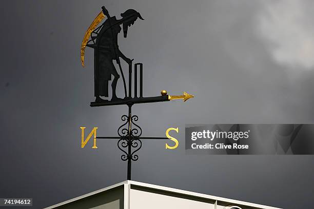 The Old Father Time weather vane is seen during day three of the First Test between England and the West Indies at Lord's Cricket Ground on May 19,...