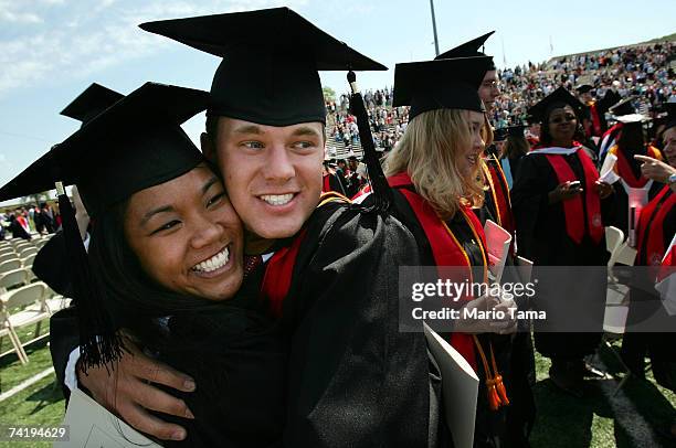 Liberty University graduates celebrate after the school's 34th commencement ceremony, the first without Rev. Jerry Falwell, May 19, 2007 in Lynchburg...