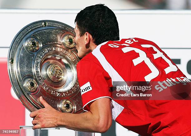 Mario Gomez of Stuttgart kisses the trophy after winning the german championship after the Bundesliga match between VFB Stuttgart and Energie Cottbus...