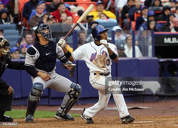 Endy Chavez of the New York Mets hits a sixth inning ground rule double against the New York Yankees during their game at Shea Stadium May 19, 2007...