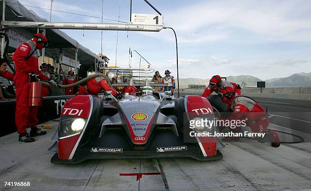 The Audi AG R10/LDI driven by Rinaldo Capello and Allan McNish pits during practice for the American Le Mans Series Utah Grand Prix at Miller...