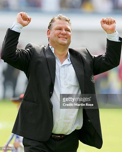 Frank Pagelsdorf headcoach of Rostock celebrates after the Second Bundesliga match between Hansa Rostock and Spvgg Unterhaching at the Ostsee stadium...
