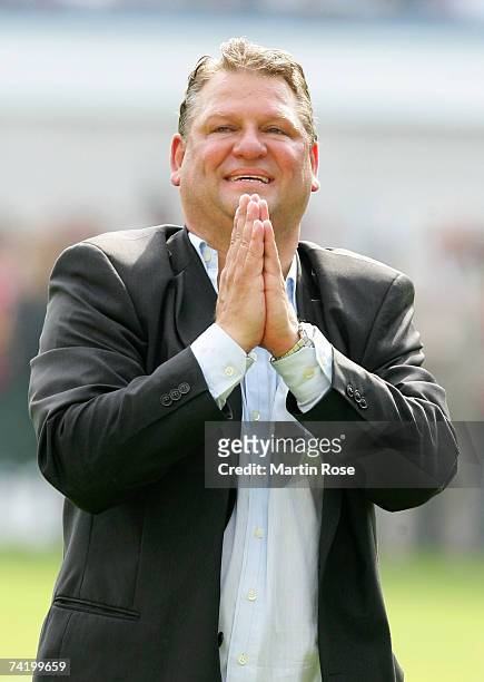 Frank Pagelsdorf headcoach of Rostock celebrates after the Second Bundesliga match between Hansa Rostock and Spvgg Unterhaching at the Ostsee stadium...