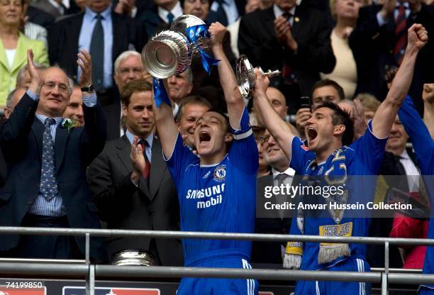 Prince William, President of the Football Association, watches John Terry and Frank Lampard lift the cup at the FA Cup final between Chelsea FC and...