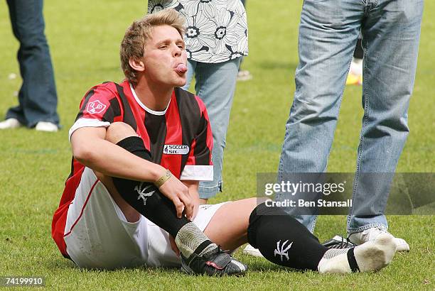 Jeff Brazzer gestures during the Music Industry Soccer Six event at Upton Park on May 20, 2007 in London, England.