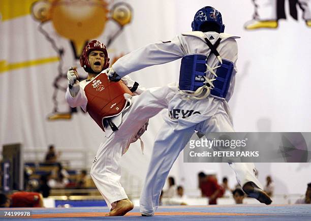 Spain's Jose Antonio Ramos kicks Mexico's Guillermo Perez during the mens under 58kg final against in the World Taekwondo Championship in Beijing 20...
