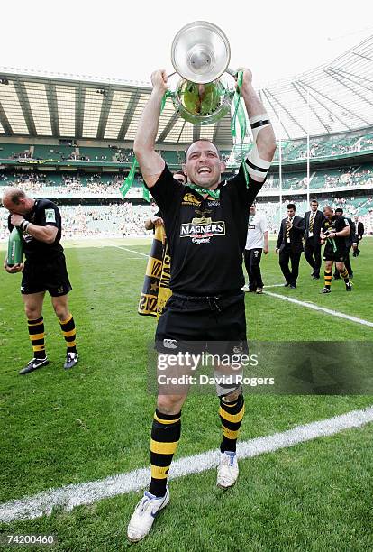 Raphael Ibanez of London Wasps celebrates after winning the Heineken Cup Final between Leicester Tigers and London Wasps at Twickenham on May 20,...