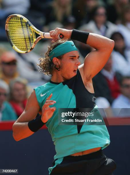 Rafael Nadal of Spain in action during the final match against Roger Federer of Switzerland during day seven of the Tennis Masters Series Hamburg at...