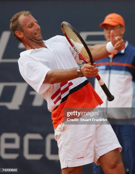 Thomas Muster of Austria reacts during his finals match against Sergi Bruguera of Spain during BlackRock Tennis Classic 2007 at Rothenbaum Tennis...