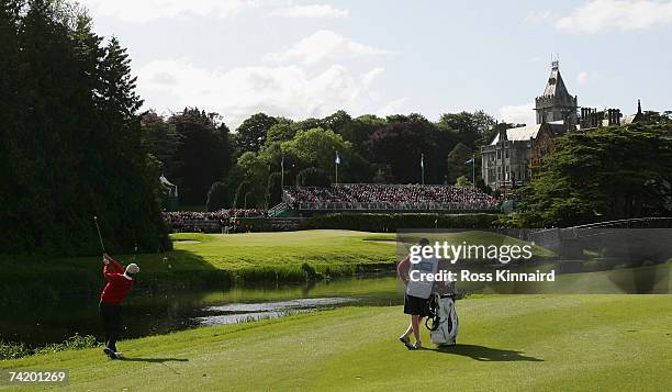 Padraig Harrington of Ireland plays his third shot on the par five 18th hole during the final round of the Irish Open on May 20, 2007 at the Adare...