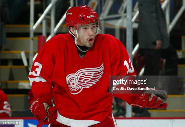 Pavel Datsyuk of the Detroit Red Wings reacts after he was called for an interference penalty late in the third period against the Anaheim Ducks in...