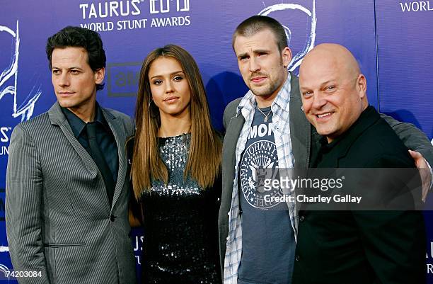 Actor Ioan Gruffudd, actress Jessica Alba, actor Chris Evans, and actor Michael Chiklis arrive at the 7th Annual Taurus World Stunt Awards at...