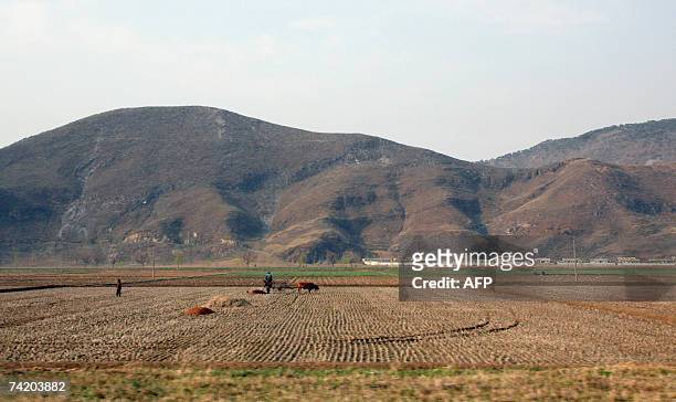 Kaesong, DEMOCRATIC PEOPLE'S REPUBLIC OF: TO GO WITH NKorea-farm-food-aid,sched This photograph taken 25 April 2007 shows collective farms in Kaesong...