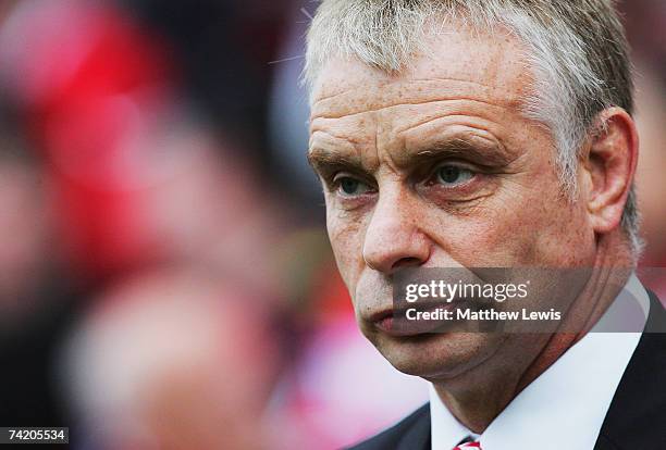 Brian Noble, coach of Wigan looks on during the engage Super League match between Wigan Warriors and Hull KR at the JJB Stadium on May 18, 2007 in...