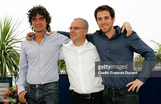 Actor Riccardo Scamarcio, director Daniele Luchetti and actor Elio Germano attend a photocall for the film "Mio Fratello E Figlio Unico" at the...