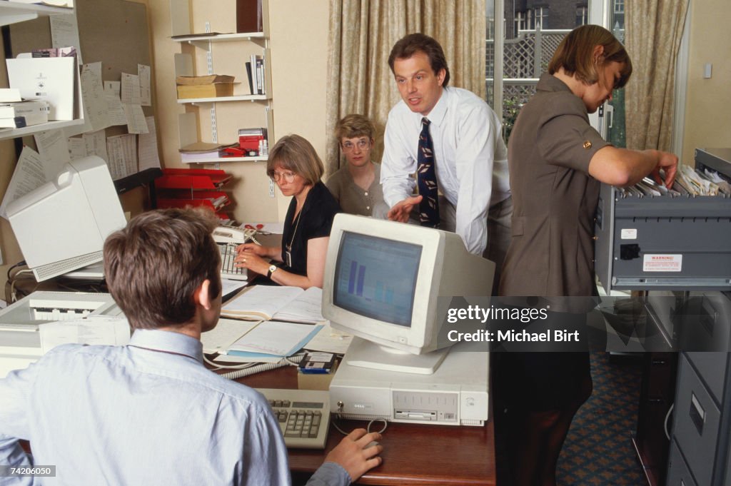 Labour MP Tony Blair at work in his office at the new Parliamentary