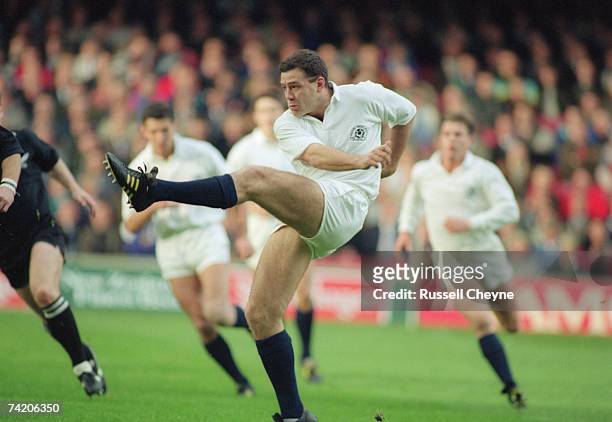 Scottish full-back Gavin Hastings takes a kick during the Rugby World Cup third place play-off against New Zealand at Cardiff Arms Park, 30th October...