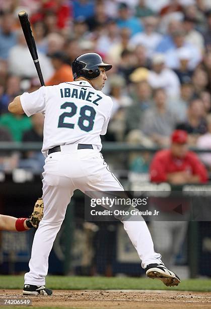 Raul Ibanez of the Seattle Mariners steps into the swing during the game against the Los Angeles Angels of Anahiem on May 15, 2007 at Safeco Field in...