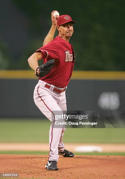 Starting pitcher Randy Johnson of the Arizona Diamondbacks delivers the pitch against the Colorado Rockies on May 15, 2007 at Coors Field in Denver,...