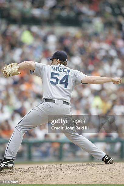 Sean Green of the Seattle Mariners pitches against the Detroit Tigers at Comerica Park in Detroit, Michigan on May 10, 2007. The Tigers defeated the...