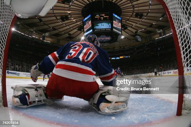 Henrik Lundqvist of the New York Rangers defends the net against the Buffalo Sabres in Game Six of the 2007 Eastern Conference Semifinals on May 6,...