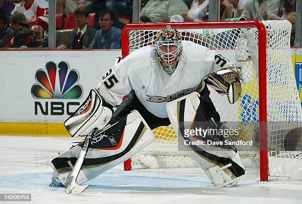 Goalie Jean-Sebastien Giguere of the Anaheim Ducks tends goal against the Detroit Red Wings in game five of the 2007 Western Conference finals during...