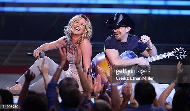 Jennifer Nettles and Kristian Bush of Sugarland perform during the 42nd Annual Academy Of Country Music Awards at the MGM Grand Garden Arena May 15,...