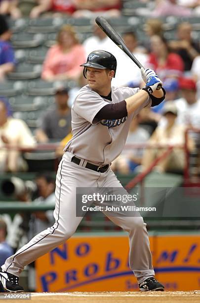 Adam Lind of the Toronto Blue Jays bats during the game against the Texas Rangers at Rangers Ballpark in Arlington in Arlington, Texas on May 6,...