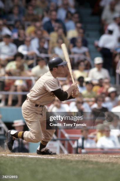 Thirdbaseman Ed Spiezio of the San Diego Padres watches the ball he's just hit during a game in May, 1969 against the Cincinnati Reds at Crosley...