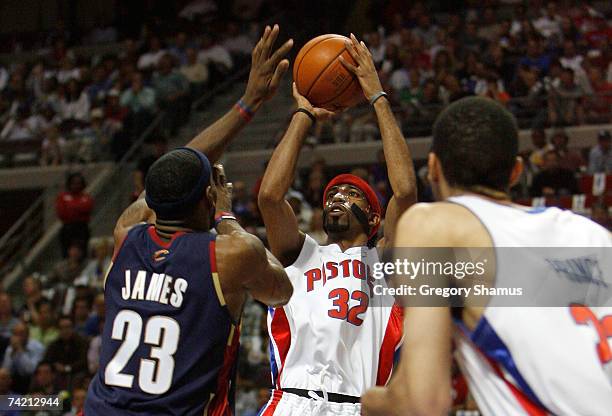 Richard Hamilton of the Detroit Pistons attempts a shot against LeBron James of the Cleveland Cavaliers in Game One of the Eastern Conference Finals...