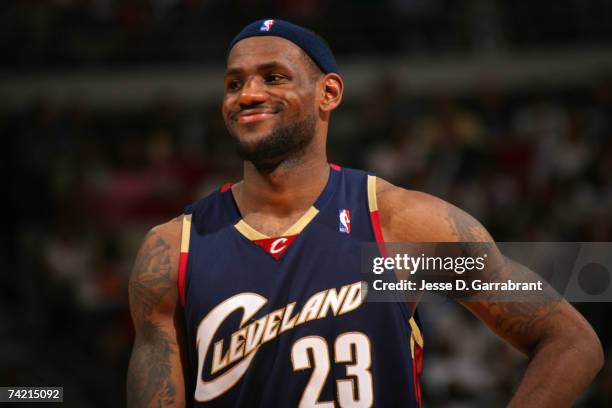 LeBron James of the Cleveland Cavaliers looks on against the Detroit Pistons in Game One of the Eastern Conference Finals during the 2007 NBA...