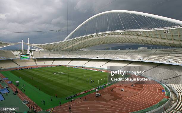General view of the stadium as preparations are made prior to the UEFA Champions League Final between AC Milan and Liverpool at the Olympic Stadium...