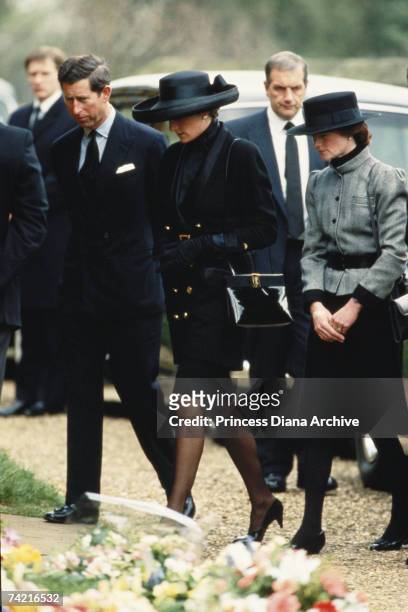 The Prince and Princess of Wales arrive at Great Brington Church for the funeral of her father, Earl Spencer, March 1992. Diana's sister Sarah...
