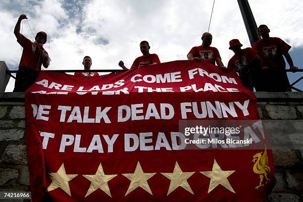 Liverpool fans dispay a banner in Athens ahead of the UEFA Champions League Final on May 22 in Athens, Greece. Liverpool will play AC Milan on May...