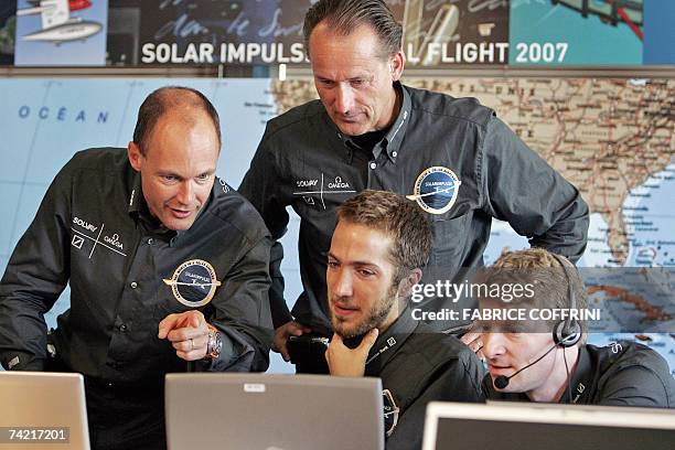 Swiss scientist-adventurer and pilot Bertrand Piccard , the first men to ever achieve a non-stop balloon flight around the World is seen with Solar...