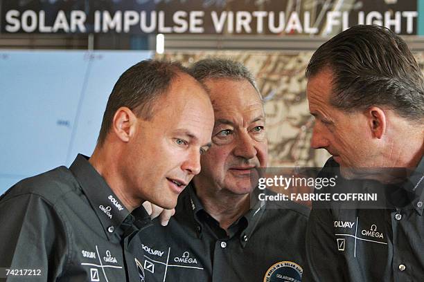 Swiss scientist-adventurer and pilot Bertrand Piccard and Team mission coordinator British Brian Jones , the first two men to ever achieve a non-stop...