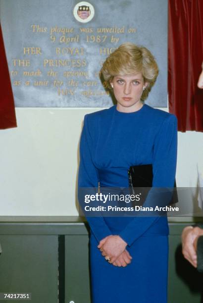 Princess Diana visiting the Broderie AIDS ward at the Middlesex Hospital in London, 9th April 1987.