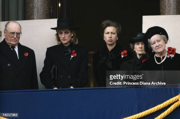King Olav V of Norway , Princess Diana , Princess Anne, Alice, Duchess of Gloucester and The Queen Mother during the Remembrance Sunday service at...
