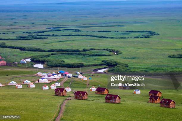 grassland scene, mongol houses. - big bluestem grass stock pictures, royalty-free photos & images