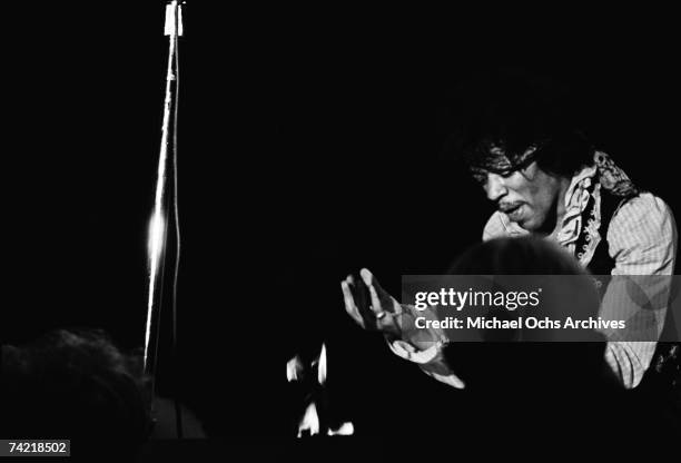 Jimi Hendrix sets his guitar on fire on stage at the Monterey Pop Festival on June 18 1967 in Monterey, California.