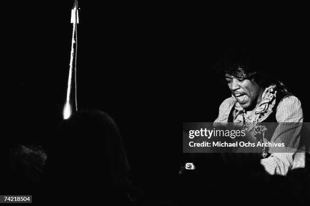 Jimi Hendrix performs on stage at the Monterey Pop Festival on June 18 1967 in Monterey, California.